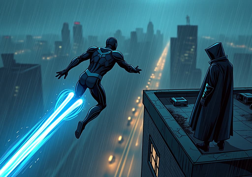  good quality, high quality, a dynamic manga style action shot as pranav leaps off the rooftop, his body soaring through the stormy sky. the rain splashes off his armor as he accelerates forward with newfound power, leaving streaks of glowing blue light behind him. below, the city is bustling, with tiny cars and people visible far down on the streets. in the distance, a mysterious figure watches him from the shadows on another rooftop, creating intrigue about a potential enemy or ally.