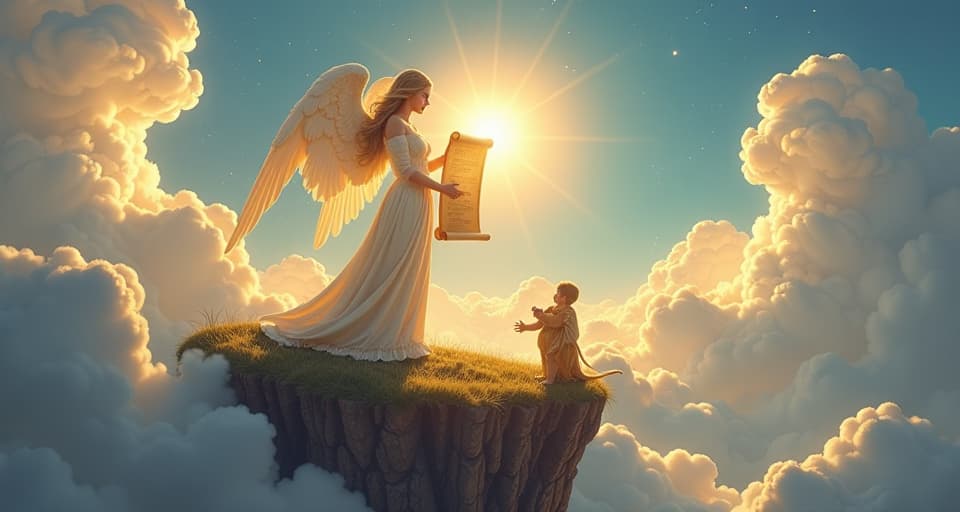  a radiant angel holding an ancient, glowing scroll, standing on a floating island amidst the clouds. celestial beings and magical creatures look on from below, symbolizing a shift in power. bright, heavenly atmosphere, representing a powerful revelation.. the style is digital art illustration,highly detailed, whimsical,magical, dreamlike atmosphere, realism and fantasy blend, smooth, glossy textures,luminous quality, wonder and enchantment.