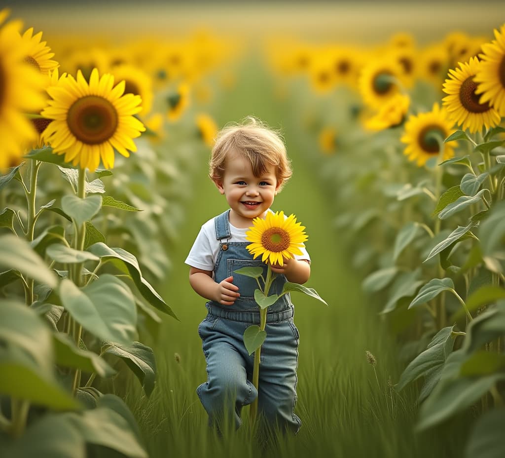  happy little boy walking in field of sunflowers. child playing with big flower and having fun. kid exploring nature. baby having fun. summer activity for inquisitive children, high quality, high details, hd, perfect composition, 4k epic detailed, highly detailed, sharp focus, high resolution