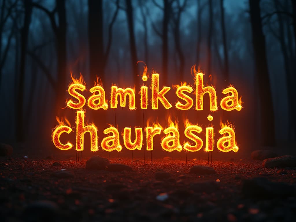  good quality, high quality, "samiksha chaurasia" in glowing embers , in capital letter, formed out of burning firewood,  flames the text radiates heat and light in a dark, nighttime forest setting. the background features flickering shadows of trees, while warm, dominate the scene with a sense of rainbow color and mystery. hyperrealistic, full body, detailed clothing, highly detailed, cinematic lighting, stunningly beautiful, intricate, sharp focus, f/1. 8, 85mm, (centered image composition), (professionally color graded), ((bright soft diffused light)), volumetric fog, trending on instagram, trending on tumblr, HDR 4K, 8K