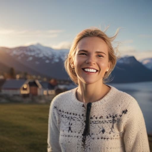 An image of a cheerful woman named Anna wearing a traditional Norwegian sweater looking directly at the camera in a picturesque Norwegian village doing the action of greeting with a smile, early morning soft sunlight, detailed, realistic. In the background, triple (((mountains))) are visible, along with a fjord reflecting the rising sun.