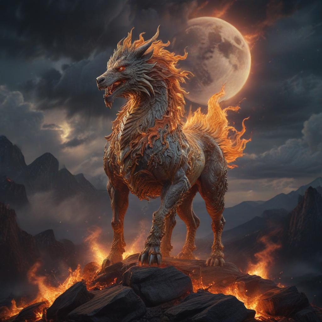 ((masterpiece)),(((best quality))), 8k, high detailed, ultra detailed, A mythical creature ((Fire Kirin)) standing majestically on top of a mountain, surrounded by ((flames)) and ((sparks)), with ((storm clouds)) gathering in the sky, a ((full moon)) shining brightly in the background hyperrealistic, full body, detailed clothing, highly detailed, cinematic lighting, stunningly beautiful, intricate, sharp focus, f/1. 8, 85mm, (centered image composition), (professionally color graded), ((bright soft diffused light)), volumetric fog, trending on instagram, trending on tumblr, HDR 4K, 8K