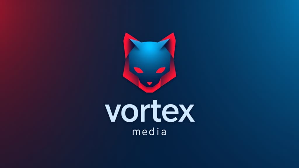  design a logo, minimalistic logo of a cat, blue and red background, with the text 'vortex media'.