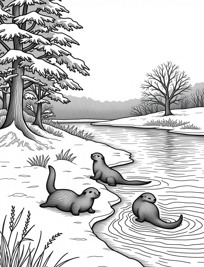  this is for an adult coloring page. a detailed black and white line art of a snowy snowy riverbank with a group of otters playing on a solid white background.