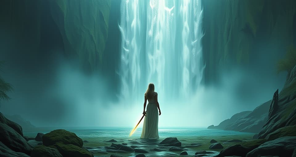  a determined, young ethereal warrior standing before an enchanted waterfall, holding a radiant sword. mist swirls around them as they reflect on the challenges faced and overlooked moments.. the style is digital art illustration,highly detailed, whimsical,magical, dreamlike atmosphere, realism and fantasy blend, smooth, glossy textures,luminous quality, wonder and enchantment.