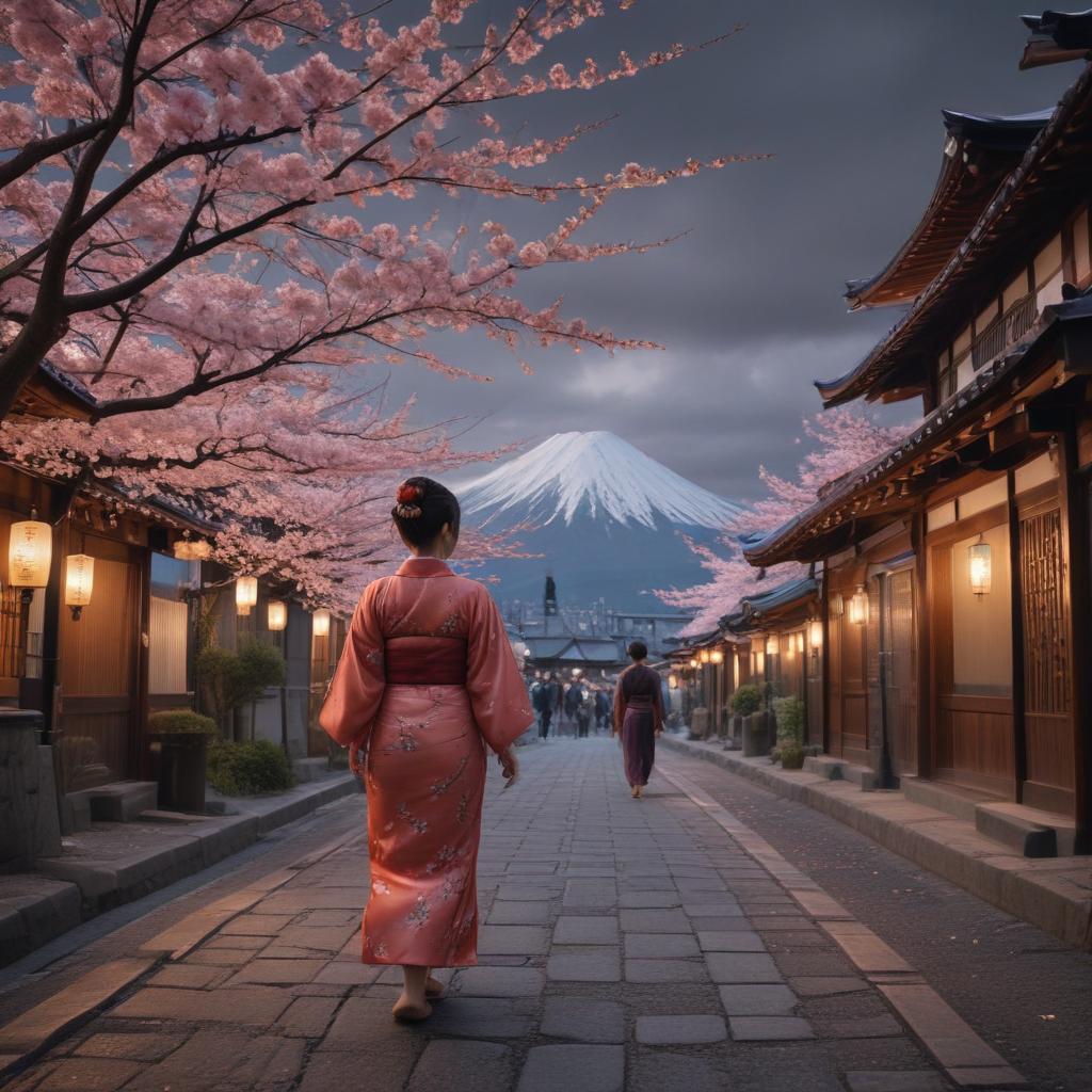 ((masterpiece)),(((best quality))), 8k, high detailed, ultra detailed,A Japanese street scene, traditional architecture, cherry blossom trees, lanterns hanging, people in kimono, (Mt. Fuji in the background) hyperrealistic, full body, detailed clothing, highly detailed, cinematic lighting, stunningly beautiful, intricate, sharp focus, f/1. 8, 85mm, (centered image composition), (professionally color graded), ((bright soft diffused light)), volumetric fog, trending on instagram, trending on tumblr, HDR 4K, 8K