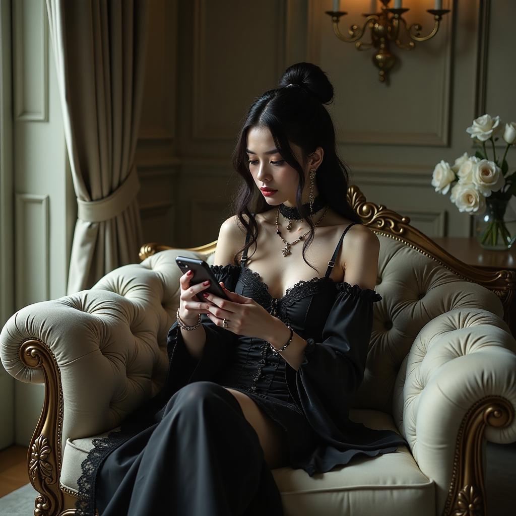  gothic style beautiful girl in mini clothes, on a luxurious sofa, in jewelry, photographed on the phone, ultra fashionable interior in japanese style, beige gray olive, gothic style, beautiful flowers . dark, mysterious, haunting, dramatic, ornate, detailed