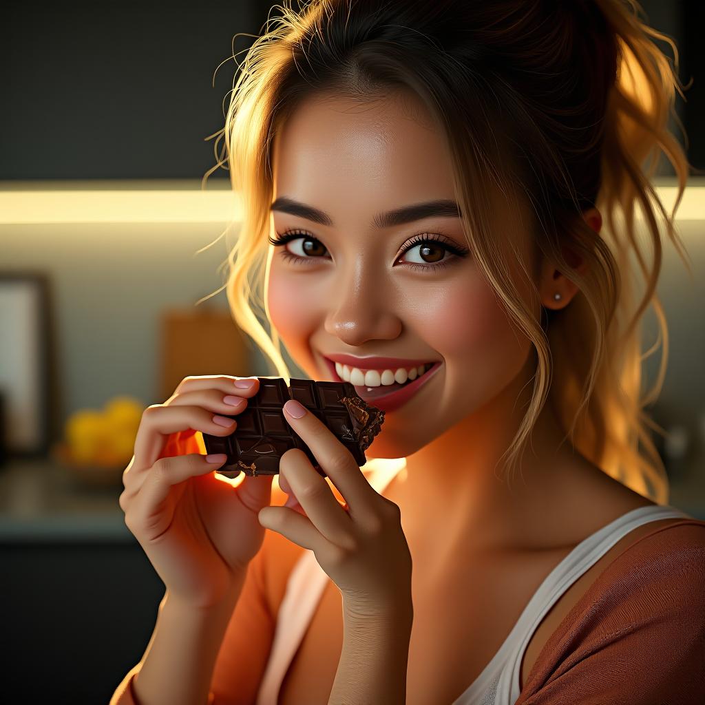  create a high quality, photorealistic image that vividly depicts the following scene: an ultra realistic close up shot of a radiant, health conscious woman breaking a piece of dark chocolate from a bar, a glowing smile on her face, illuminated by the soft, warm kitchen light. every crinkle of the foiled wrapper, the detailed texture of the dark chocolate, her clear, vibrant skin, the twinkle in her eyes are captured magnificently. she's set against a backdrop of a modern, well lit kitchen with nutritious foods on display. captured on canon eos r3, leica, f/2.8, iso 400, 1/100s, 8k, raw, with perfect balance of natural lighting, depth of field, in frame, 8k. the image should: focus on the specific actions, emotions, and eleme hyperrealistic, full body, detailed clothing, highly detailed, cinematic lighting, stunningly beautiful, intricate, sharp focus, f/1. 8, 85mm, (centered image composition), (professionally color graded), ((bright soft diffused light)), volumetric fog, trending on instagram, trending on tumblr, HDR 4K, 8K