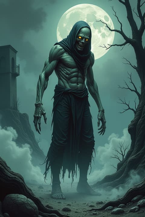  a highly detailed illustration of a ghoul resembling a man, with ghostly pale skin and sunken eyes. the ghoul has sharp, elongated fingers and tattered clothing that hangs loosely on its skeletal frame. its expression is a mix of hunger and sorrow, with a faint glow emanating from its eyes. the setting is a dark, eerie landscape, with fog swirling around the ghoul's feet and a full moon casting an ominous light. the background features twisted trees and ancient ruins, enhancing the supernatural atmosphere. the overall tone is haunting yet captivating, emphasizing the ghoul's tragic existence.