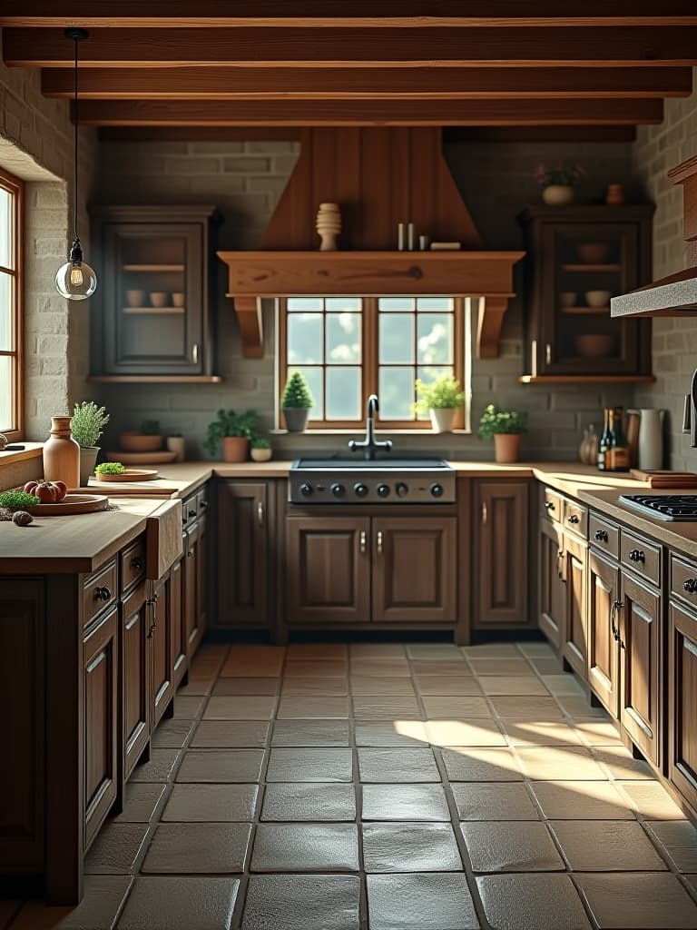  high quality portrait photo of a rustic kitchen scene with distressed natural stone flooring, showcasing varied textures and earthy tones beneath a farmhouse style wooden island hyperrealistic, full body, detailed clothing, highly detailed, cinematic lighting, stunningly beautiful, intricate, sharp focus, f/1. 8, 85mm, (centered image composition), (professionally color graded), ((bright soft diffused light)), volumetric fog, trending on instagram, trending on tumblr, HDR 4K, 8K