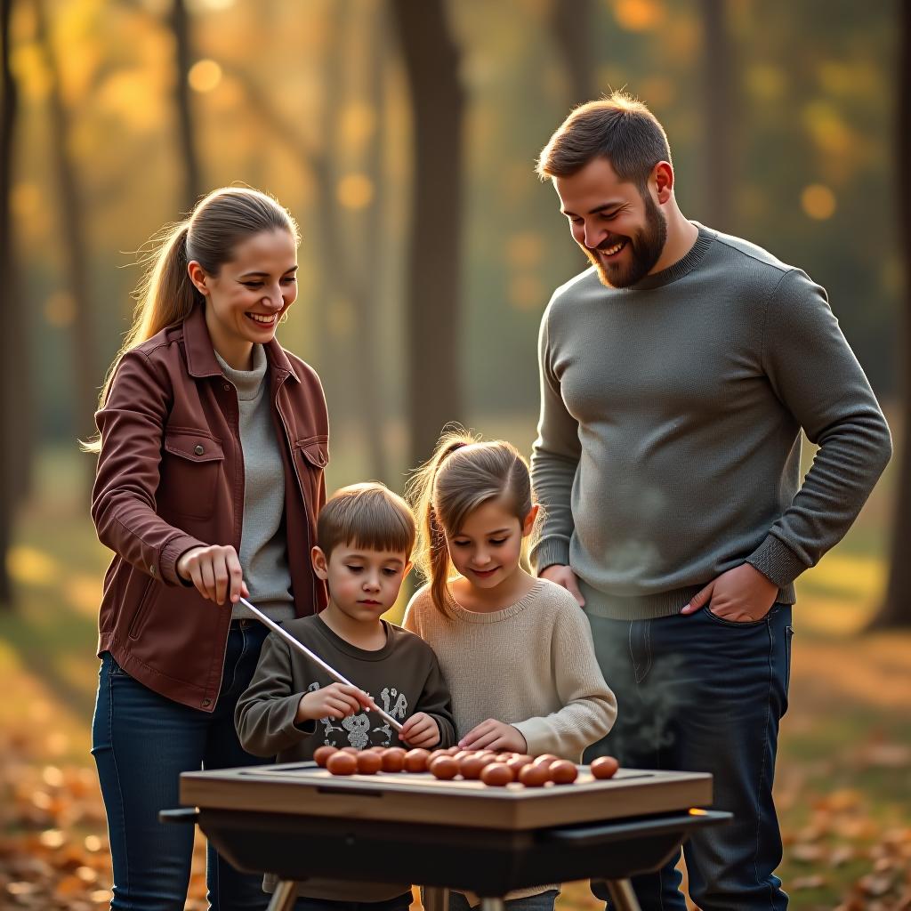  a family, consisting of a mom and dad, stand by the grill cooking shashlik and smiling, while their son and daughter play a board game. it's autumn, with trees in the forest and sunshine.