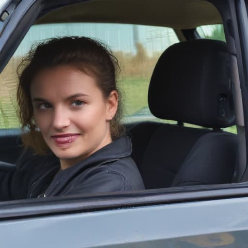 Schwarz haarige Frau in einem bmw, neben ihr ein Kind