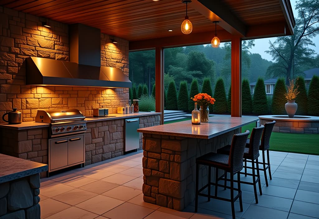  a landscape photo of an outdoor kitchen and bar area on a patio, featuring a built in grill, stone countertops, and a pizza oven, with comfortable bar seating and mood lighting hyperrealistic, full body, detailed clothing, highly detailed, cinematic lighting, stunningly beautiful, intricate, sharp focus, f/1. 8, 85mm, (centered image composition), (professionally color graded), ((bright soft diffused light)), volumetric fog, trending on instagram, trending on tumblr, HDR 4K, 8K