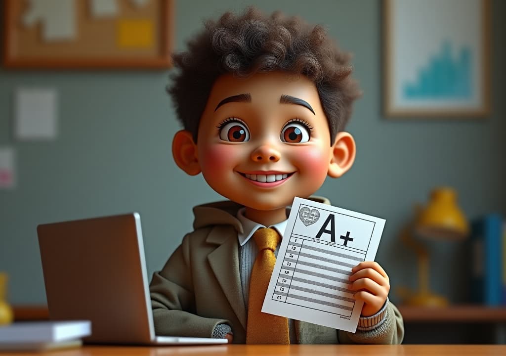  hyperrealistic art a happy computer holding a report card with a+ grades., extremely high resolution details, photographic, realism pushed to extreme, fine texture, incredibly lifelike