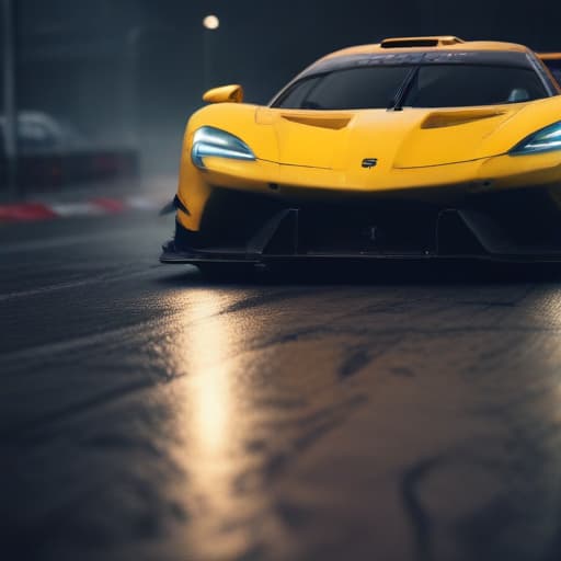 Supercars racing on a track hyperrealistic, full body, detailed clothing, highly detailed, cinematic lighting, stunningly beautiful, intricate, sharp focus, f/1. 8, 85mm, (centered image composition), (professionally color graded), ((bright soft diffused light)), volumetric fog, trending on instagram, trending on tumblr, HDR 4K, 8K