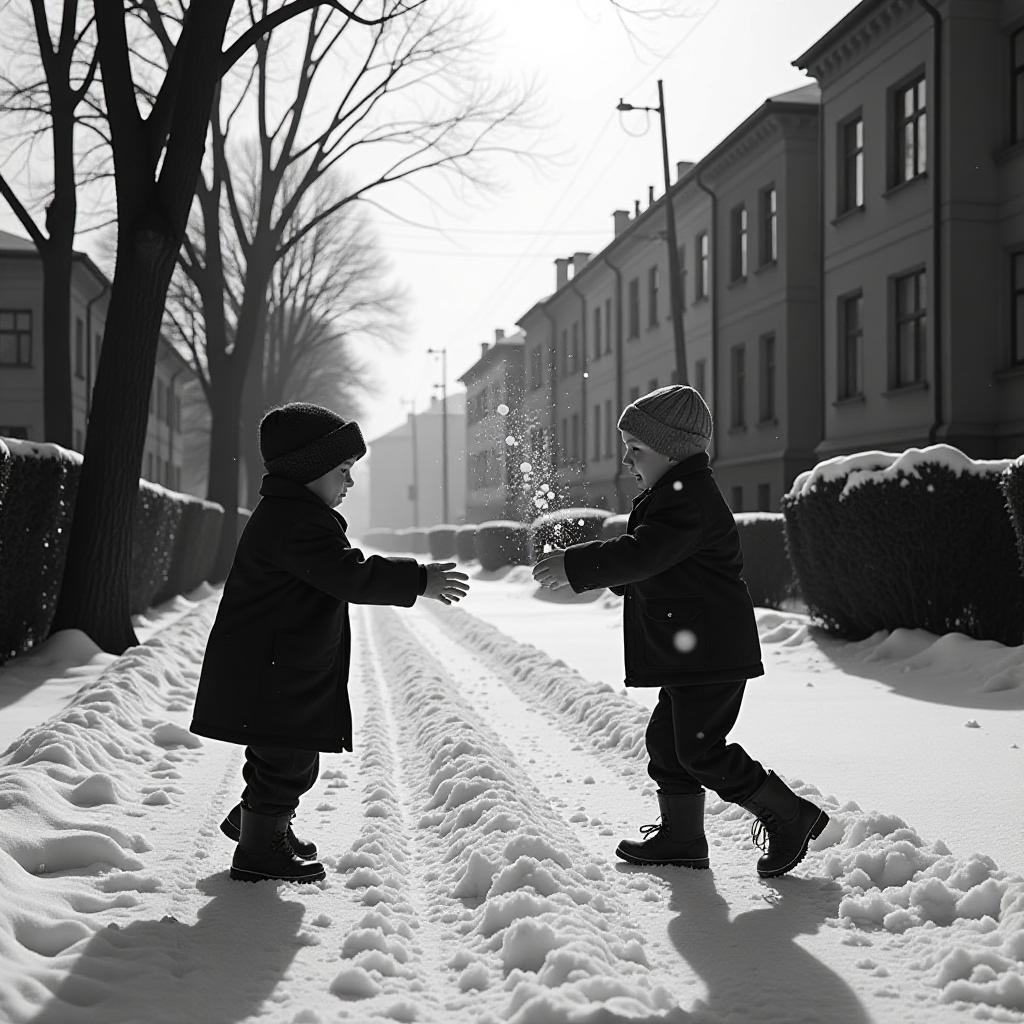  film noir style black and white photo. sunny day. winter city. children throw snowballs at each other in the yard. new year's atmosphere. soviet aesthetics. soviet photograph. . monochrome, high contrast, dramatic shadows, 1940s style, mysterious, cinematic