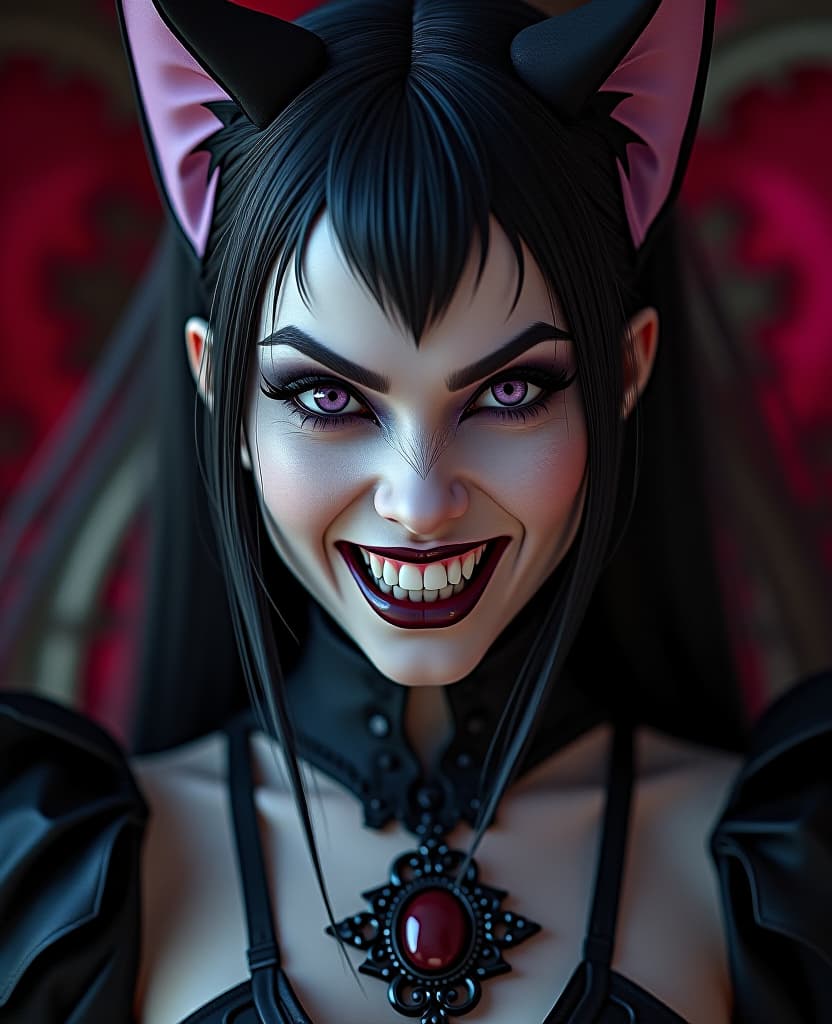  gothic style ((lycanthrope girl)) grinning angrily, revealing small fangs, pale skin, purple cat eyes, geometric shapes, bold colors, luxurious, elegant, decorative, symmetrical, ornate, detailed . dark, mysterious, haunting, dramatic, ornate, detailed hyperrealistic, full body, detailed clothing, highly detailed, cinematic lighting, stunningly beautiful, intricate, sharp focus, f/1. 8, 85mm, (centered image composition), (professionally color graded), ((bright soft diffused light)), volumetric fog, trending on instagram, trending on tumblr, HDR 4K, 8K