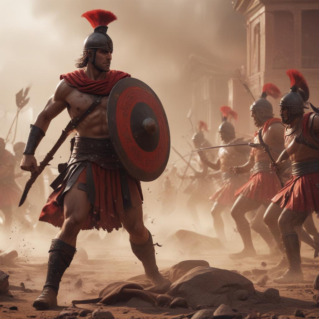 A chaotic battlefield scene during the Trojan War, focusing on Achilles, the hero, amidst swirling dust and flying arrows, capturing the intensity of the conflict, with Greek and Trojan soldiers engaged in fierce combat, realistic battle animation with gritty textures and dynamic camera angles"in the style of classical Greek pottery art, with intricate black figures on a red background, depicting mythological scenes with a focus on gods and heroes, using a limited color palette of red, black, and white"This image is a breathtaking painting that captures the magical scene with vivid detail. The overall composition is spellbinding, showcasing a perfect harmony. photorealism fantasy, unreal engine 5, concept hyperrealistic, full body, detailed clothing, highly detailed, cinematic lighting, stunningly beautiful, intricate, sharp focus, f/1. 8, 85mm, (centered image composition), (professionally color graded), ((bright soft diffused light)), volumetric fog, trending on instagram, trending on tumblr, HDR 4K, 8K