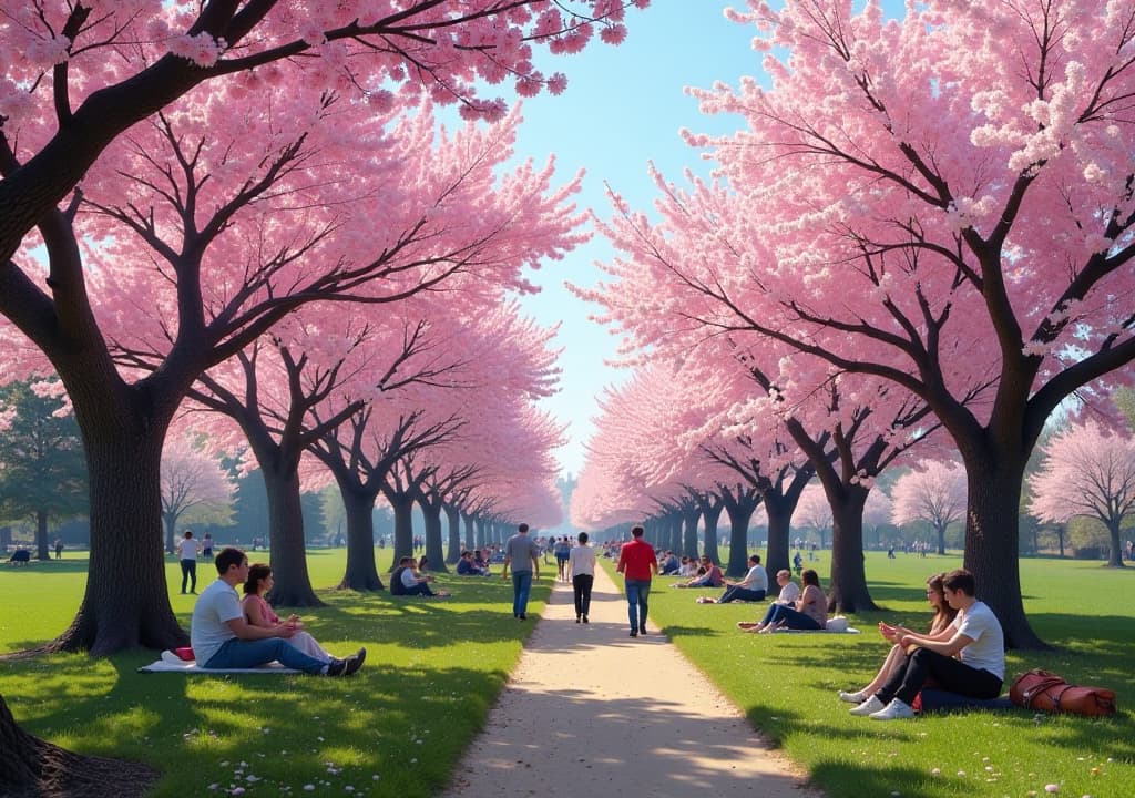  a stunning scene of the cherry blossom festival in high park, featuring rows of blooming cherry trees adorned with delicate pink and white flowers, families picnicking under the trees, and people participating in cultural activities like tai chi and traditional tea ceremonies, all set against a bright blue sky, capturing the essence of spring in toronto. hyperrealistic, full body, detailed clothing, highly detailed, cinematic lighting, stunningly beautiful, intricate, sharp focus, f/1. 8, 85mm, (centered image composition), (professionally color graded), ((bright soft diffused light)), volumetric fog, trending on instagram, trending on tumblr, HDR 4K, 8K