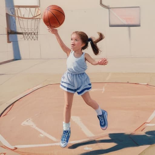 Draw a Small girl who Dunks. She’s on a basket-ball court.