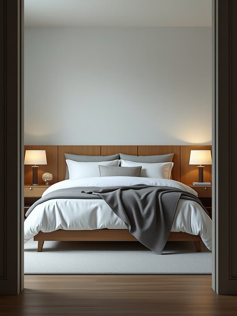  high quality portrait photo of a minimalist scandinavian inspired bedroom with a sleek wooden headboard, white linens, and soft gray accents, photographed from the doorway to capture the entire room hyperrealistic, full body, detailed clothing, highly detailed, cinematic lighting, stunningly beautiful, intricate, sharp focus, f/1. 8, 85mm, (centered image composition), (professionally color graded), ((bright soft diffused light)), volumetric fog, trending on instagram, trending on tumblr, HDR 4K, 8K