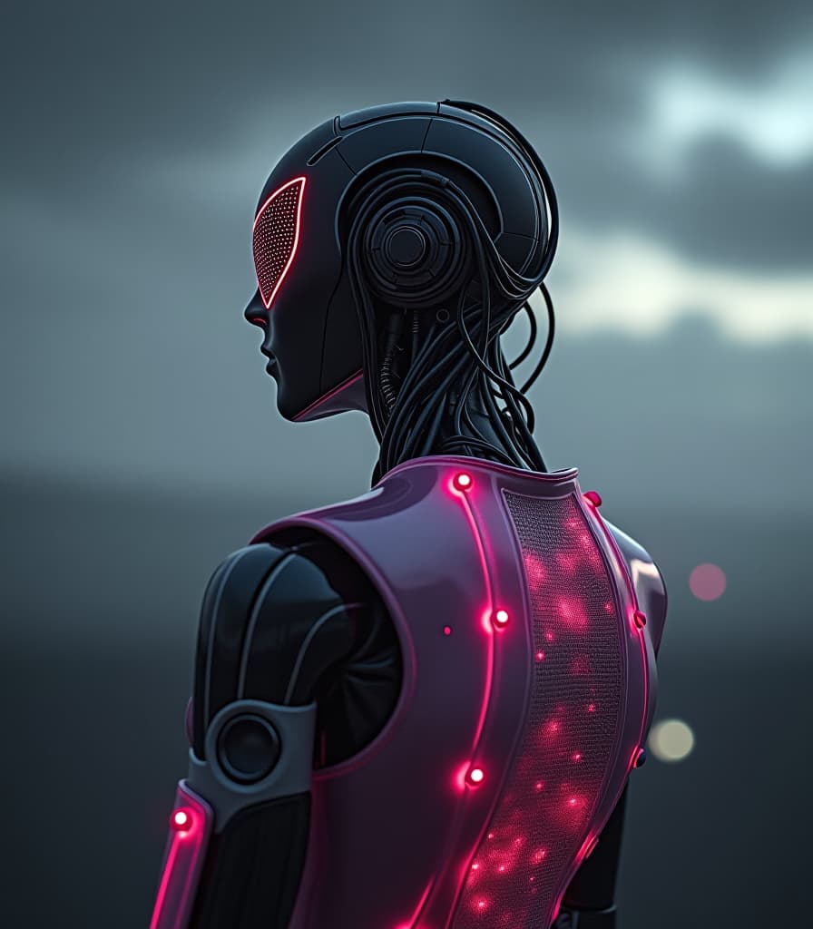  cybernetic robot monochrome with color spots, photo in phst artstyle, faceles cyborg mechanical parts, wires, bald, cables, cyberpunk, spacecraft with a half robot face, black skin,, closeup photo of an wired cyborg spaceship, half robot, a (((transparent pink color pvc clothing transparent color vinyl clothing prismatic holographic chromatic aberration textures body glows slightly reflected))) cloudy night in the grey field ,with technical macro writing resembling an dragonball on the back,, floating in space wind, fists, writing, crepuscular rays, volumetric lighting, ultra detailed, deep blacks, very detailed, atmospheric haze, film grain, cinematic film still, shallow depth of field, highly detailed, high budget, cinemascope, moody, epi hyperrealistic, full body, detailed clothing, highly detailed, cinematic lighting, stunningly beautiful, intricate, sharp focus, f/1. 8, 85mm, (centered image composition), (professionally color graded), ((bright soft diffused light)), volumetric fog, trending on instagram, trending on tumblr, HDR 4K, 8K