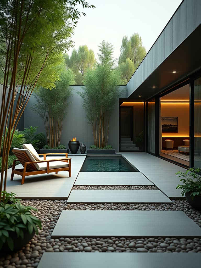  high quality portrait photo of a zen inspired patio featuring a modern water feature, minimalist furniture, smooth pebble pathways, and strategically placed bamboo plants, creating a serene atmosphere for relaxation hyperrealistic, full body, detailed clothing, highly detailed, cinematic lighting, stunningly beautiful, intricate, sharp focus, f/1. 8, 85mm, (centered image composition), (professionally color graded), ((bright soft diffused light)), volumetric fog, trending on instagram, trending on tumblr, HDR 4K, 8K