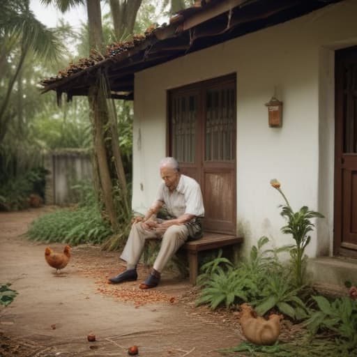 Create an image depicting a scene in 1970s of Singapore with an attap house in a kampong setting. Show children playing In front of the house. Show an elderly man sitting at the front door, enjoying his cigarette. Show The ground was scattered with dry leaves from the rambutan trees. Show ducks and chicken running around in Macro Photography style