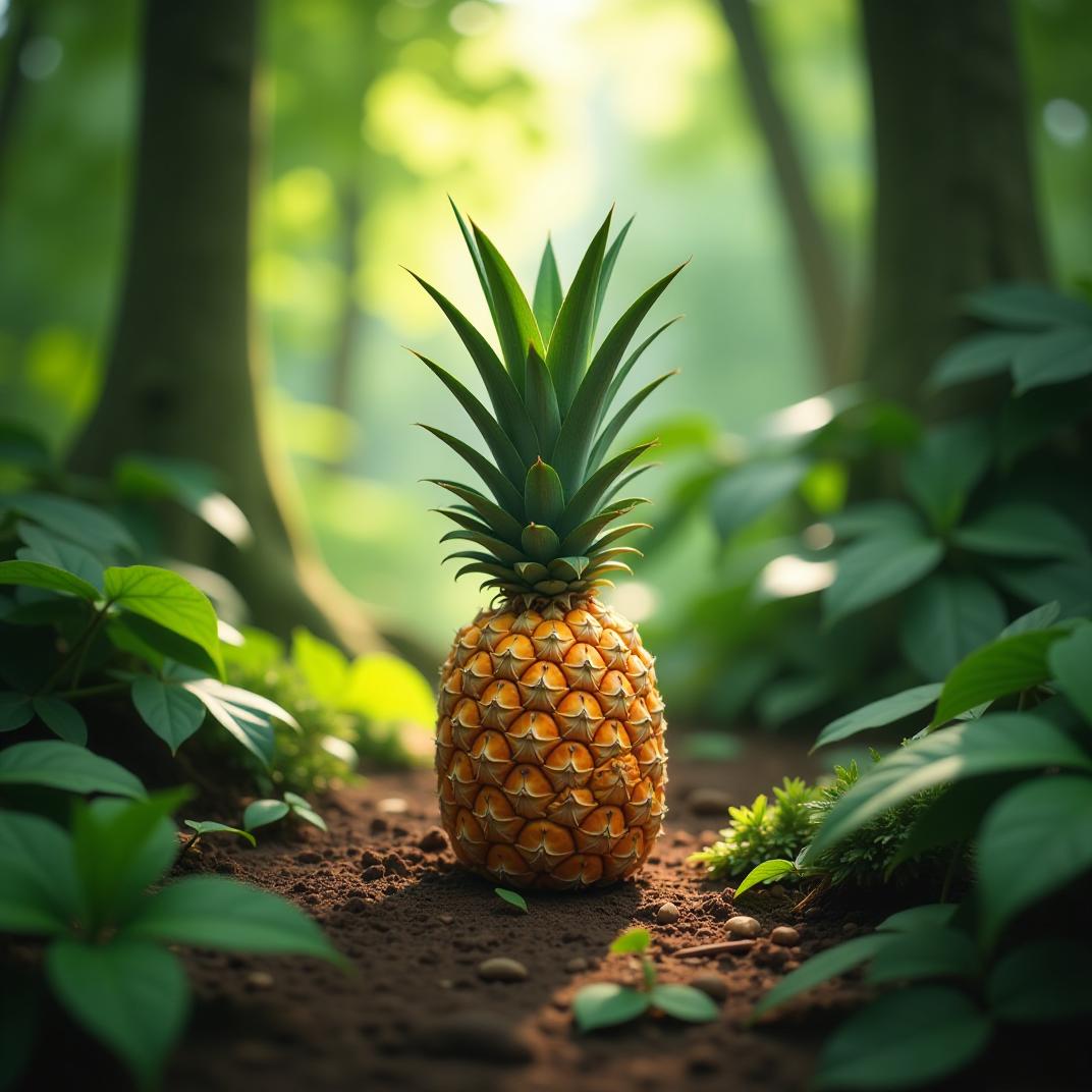  imagine a pineapple situated in a tropical forest. the style captures the natural, raw aesthetic of the forest environment. this pineapple, prominently positioned at the center, is surrounded by lush greenery and dappled sunlight filtering through the canopy. the lighting is soft yet vibrant, highlighting the pineapple's rich yellow color (rgb: 255, 255, 0) against the deep green (rgb: 0, 128, 0) of the forest. the mood is serene and inviting, emphasizing the tranquility of nature. the perspective is eye level, giving a direct and engaging view of the scene.