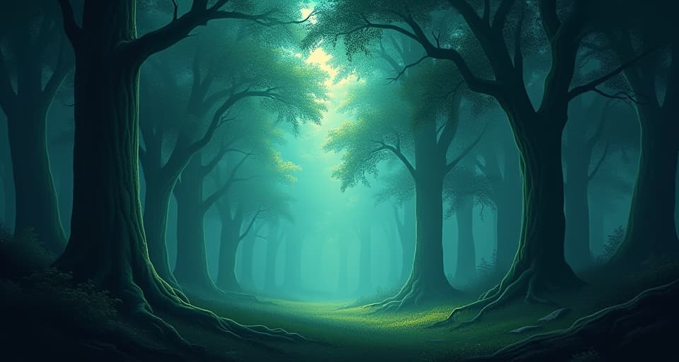  enchanted forest, trees glowing with ethereal light, subtle whispers in the shadows. mood: eerie, anticipatory.. the style is digital art illustration,highly detailed, whimsical,magical, dreamlike atmosphere, realism and fantasy blend, smooth, glossy textures,luminous quality, wonder and enchantment.