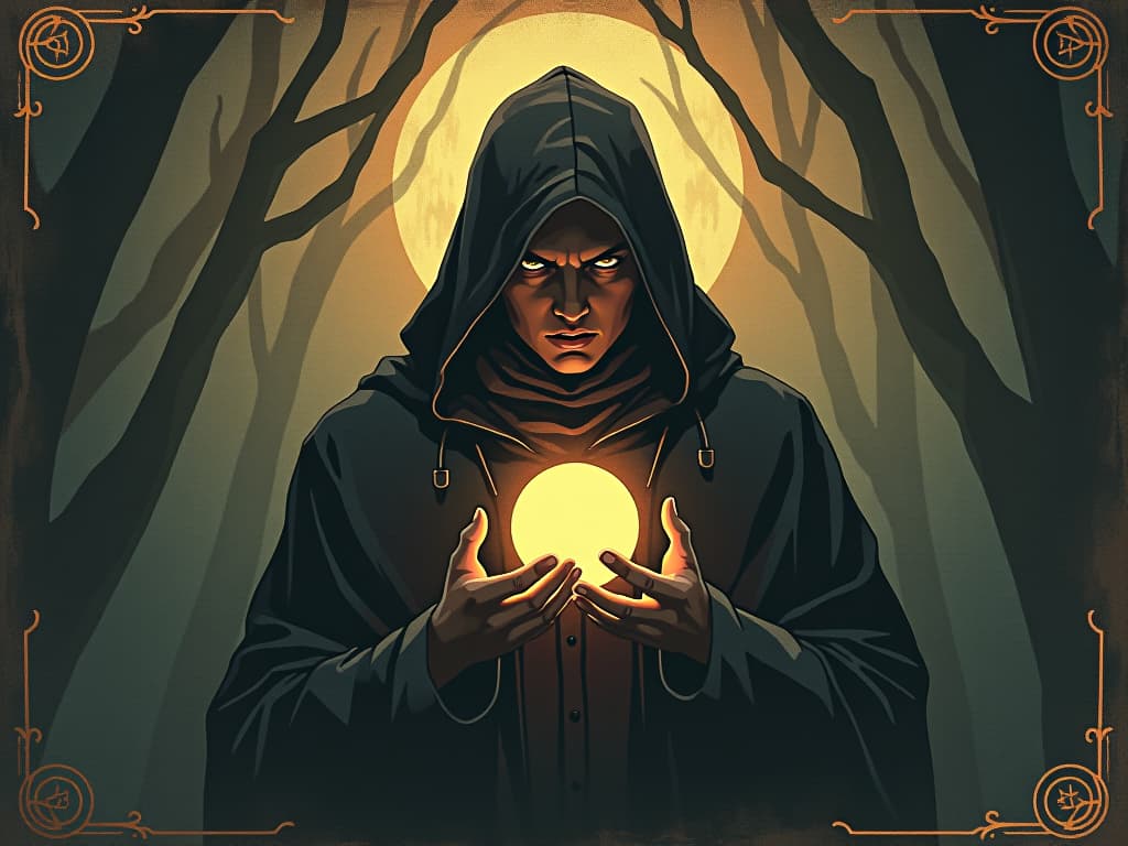  daniel, intense focus, cryptic symbols, luminous glow, divine interpretation, sense of mystery. an illustration in the style of a worn, mystical old tarot trump card, mysterious and elements of surrealism. the colors are muted, somber and eerie, but with contrast bring out an occult and esoteric vibe.