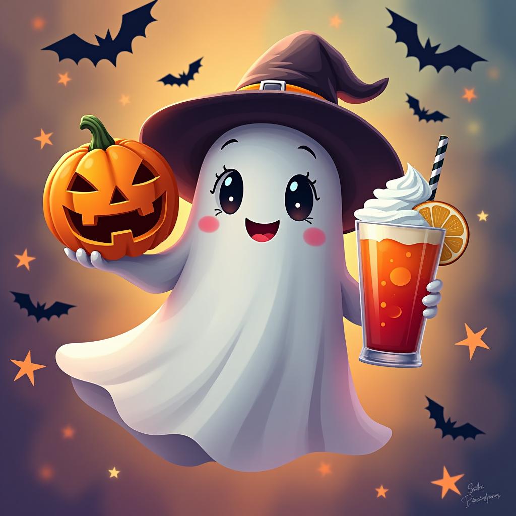  create a digital painting featuring a cute ghost character. the ghost should be wearing a hat. in one hand, the ghost should hold a pumpkin with a carved face, and in the other hand, a halloween themed drink. the background should be colorfull and include small black bats and stars to add a playful halloween touch. the overall style should be cute, whimsical, and colorful hyperrealistic, full body, detailed clothing, highly detailed, cinematic lighting, stunningly beautiful, intricate, sharp focus, f/1. 8, 85mm, (centered image composition), (professionally color graded), ((bright soft diffused light)), volumetric fog, trending on instagram, trending on tumblr, HDR 4K, 8K