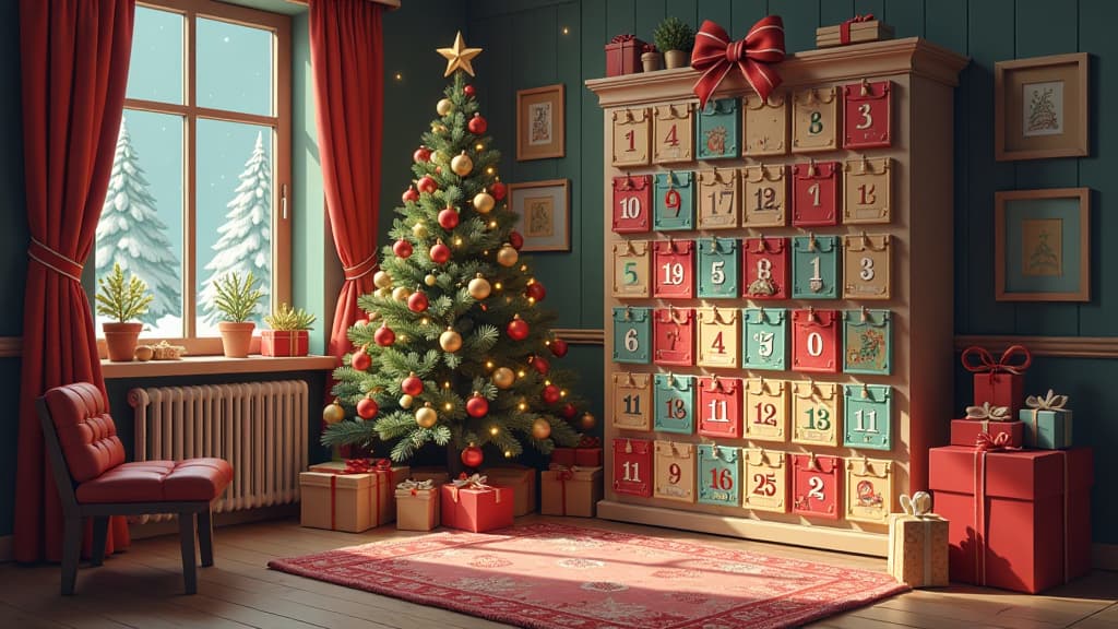  advent calendar, christmas, kids room, gifts ar 16:9 {prompt}, maximum details