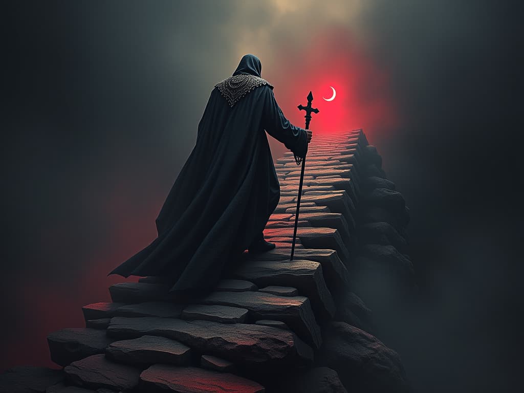  a pilgrim figure traveling up a steep, rocky path towards a distant beacon of light, symbolizing the arduous journey of redemption.. the style is dark fantasy and mysterious occult, symbolic, moody lighting, esoteric vibe,high detail on character design. for the color scheme emphasize blacks and reds.