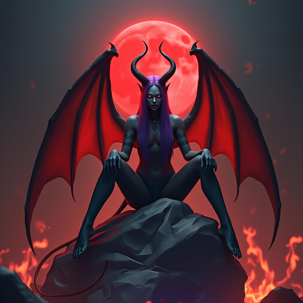  cinematic photo daemon succubus succub sitting on big stone spread legs, fire around , looking to camera angry face, long purple straight hair, red moon, with long black whip , devil skin, with huge red wings, red tail spear tail end, hell background, daemon skin tone, purple light from bottom :: high quality,hyperrealistic, photography, cinematic, volumetric lighting, octane render, arnold render, 3d, super detailed, megapixel cinematic lighting, anti aliasing, fkaa, txaa, rtx, ssao, post processing, post production, tone mapping, cgi, vfx, sfx, full color, volumetric lighting , hdr, realistic, hyperrealistic, photography, cinematic, 8k . 35mm photograph, film, bokeh, professional, 4k, highly detailed