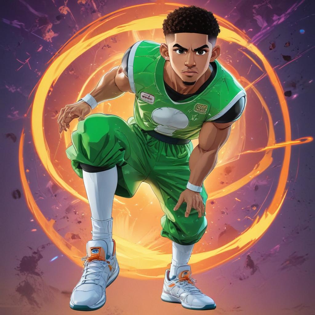 distance-shot, flashy, full-body, dynamic, holographic, animated cartoon poster of jayson tatum in the style of dragon ball super