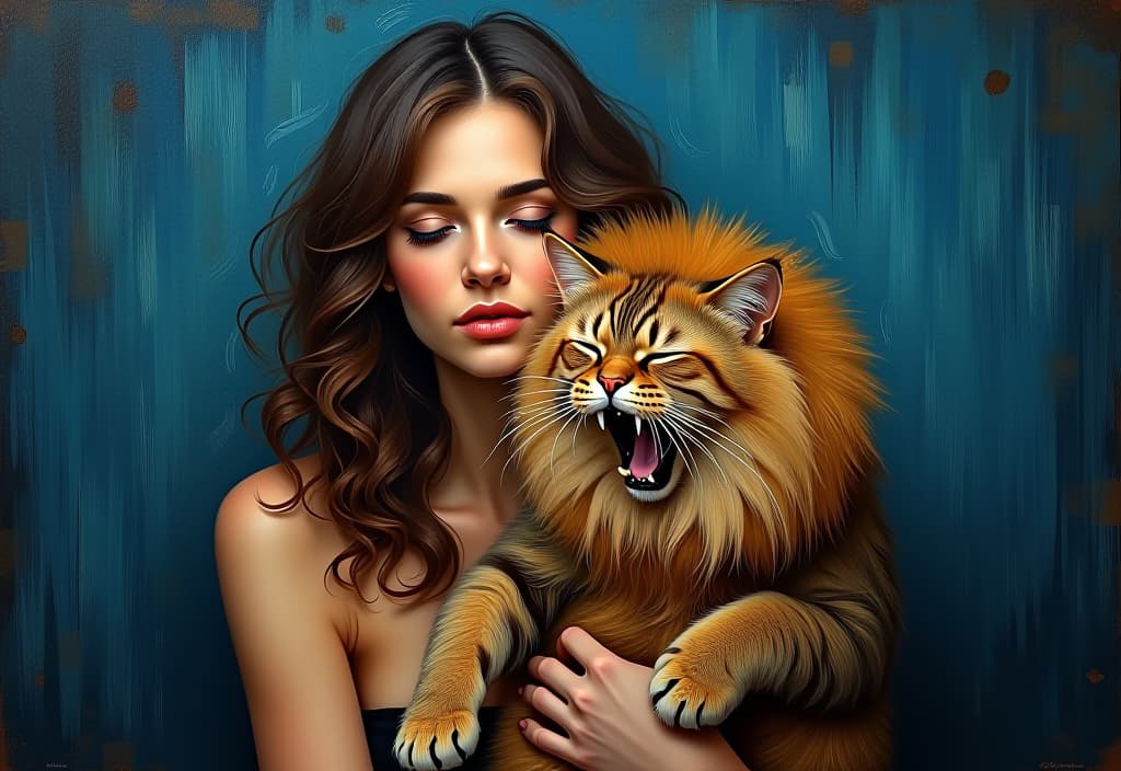  expressionism painting of young tall slim brunette woman holding sad and sleepy dark brown siberian cat yawning, cat is dressed in lion costume, van gogh style