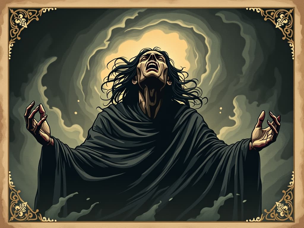  dark and shadowy human figure enduring torment, figure surrounded by swirling vortex of dark energy, detailed facial expressions of anguish, intense emotional landscape, nocturnal, intense, transformative. an illustration in the style of a worn, mystical old tarot trump card, mysterious and elements of surrealism. the colors are muted, somber and eerie, but with contrast bring out an occult and esoteric vibe.