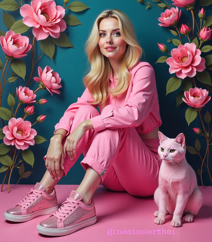  surrealist art (masterpiece, oil painting:1.2). (glamour style, pink neon inscription at bottom: "glamour artgeneration:1.2). woman of slavic appearance with norwegian and scandinavian roots (pinup style:1.4) (wearing pink clothes and pink women's sneakers, wearing rhinestones painted under floral patterns in william morris style:1.2), advertising a glamorous futuristic set pink women's sneakers, a pink iphone in rhinestones and a pink faience cat. the design of all the items and clothing is dominated by (sophisticated exotic glamor bordering on protest), stirring the imagination and striking originality. high resolution. high detail. increased attention to fine detail. avant garde design. (at the bottom is the text written in large bold 