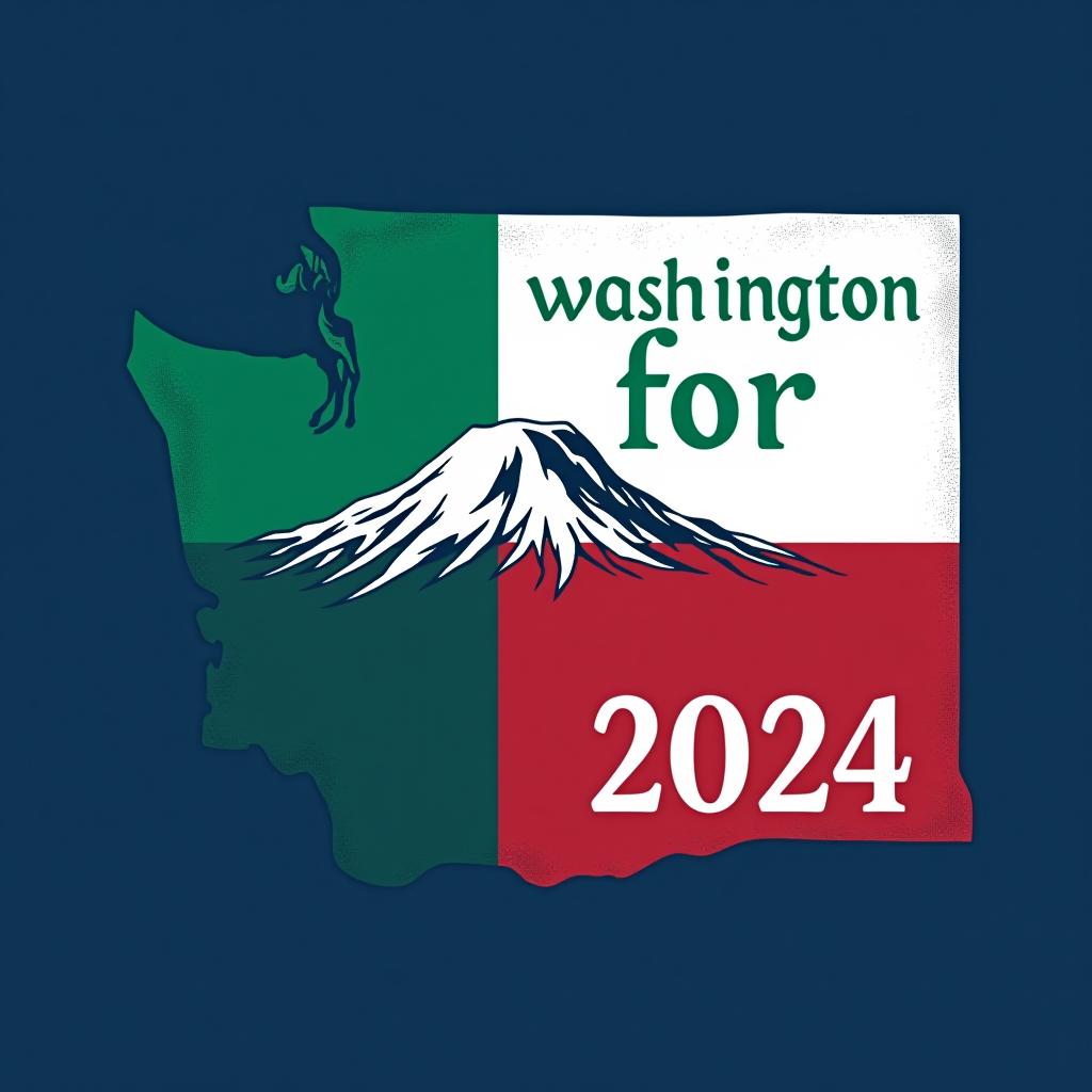  a tshirt design inspired by the washington state flag. the left side features a green vertical stripe with a large mountain in the center. the right side is divided into two horizontal sections: the top section is white with the text 'washington for' in bold, green, uppercase letters, and the bottom section is red with the text 'harris walz 2024' in bold, white, uppercase letters. the overall layout is clean and straightforward, with a clear and patriotic color scheme of blue, white, and red.