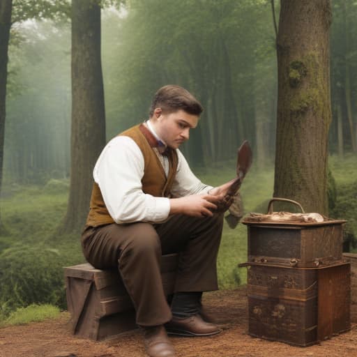 Louis Vuitton working as a shoe cleaner 1800s with Forests background