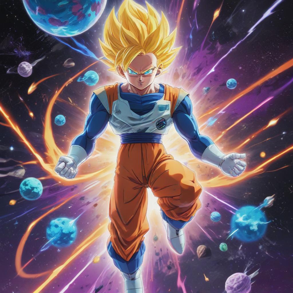 distance-shot, flashy, full-body, dynamic, holographic, animated cartoon poster of space in the style of dragon ball super