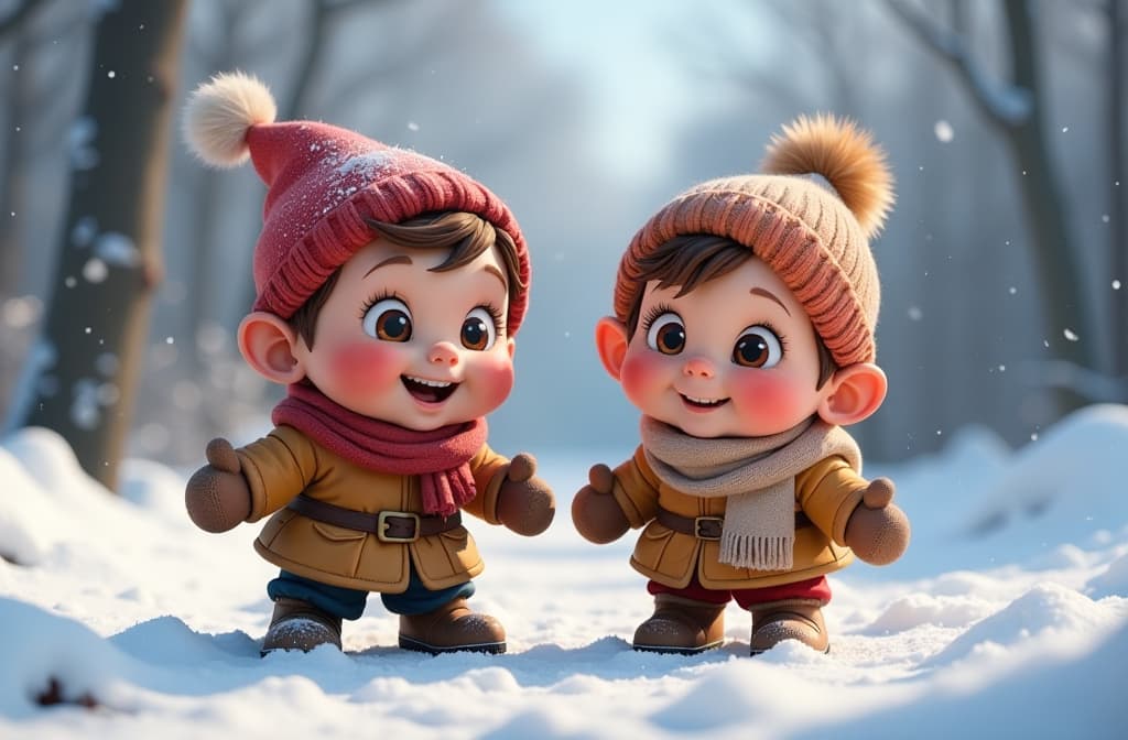  big head, big eyes, caricature, a caricature, rendering, (figurativism:0.8), dwarf children in mittens playing in the snow in a blizzard ar 3:2, epic realistic, pixar style, disney, (cycles render:1.3), caustics, (glossy:0.58), (artstation:0.2), cute