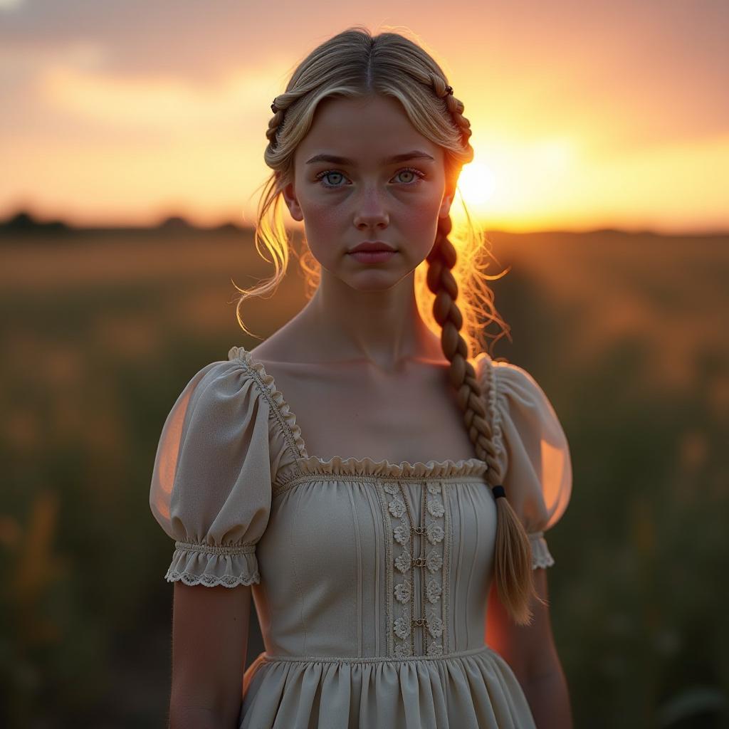  a blonde girl is standing against the sunset in a long modest dress, facing the camera, with blue eyes and hair in braids. hyperrealistic, full body, detailed clothing, highly detailed, cinematic lighting, stunningly beautiful, intricate, sharp focus, f/1. 8, 85mm, (centered image composition), (professionally color graded), ((bright soft diffused light)), volumetric fog, trending on instagram, trending on tumblr, HDR 4K, 8K