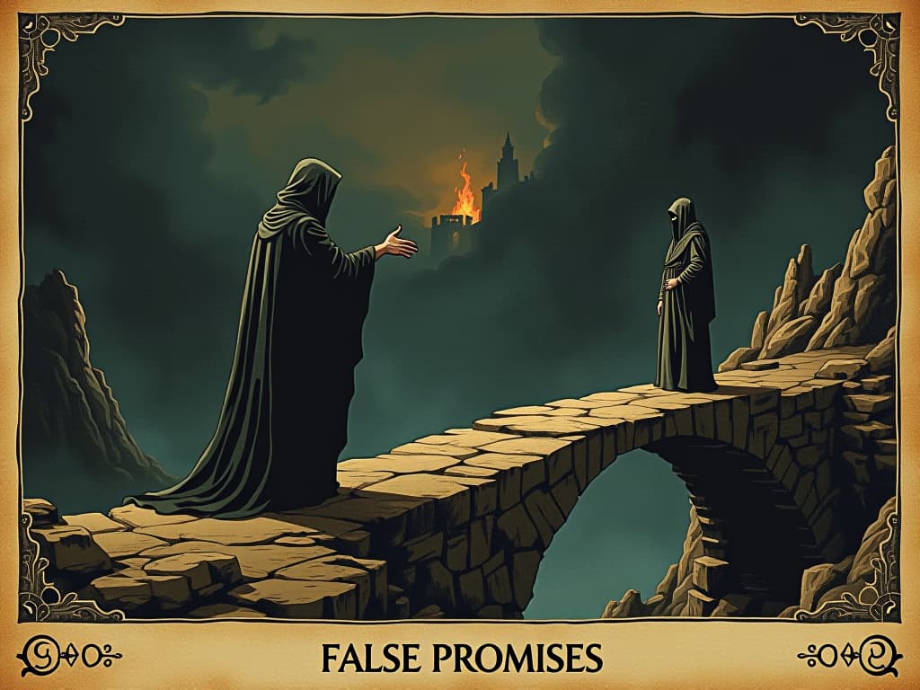  a cloaked figure whispering into the ear of another figure, figures standing on a crumbling ancient bridge, dark background, hint of flames in the distance, mood of false promises. an illustration in the style of a worn, mystical old tarot trump card, mysterious and elements of surrealism. the colors are muted, somber and eerie, but with contrast bring out an occult and esoteric vibe.