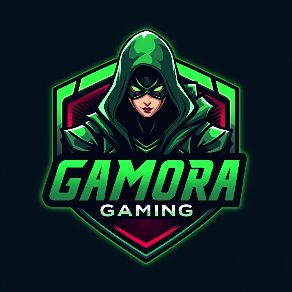  design a logo, le personnage gamora en élément principal avec gamora gaming écrit au centre du logo avec l’écriture avengers et les couleurs de gamora, with the text 'gamora gaming'.