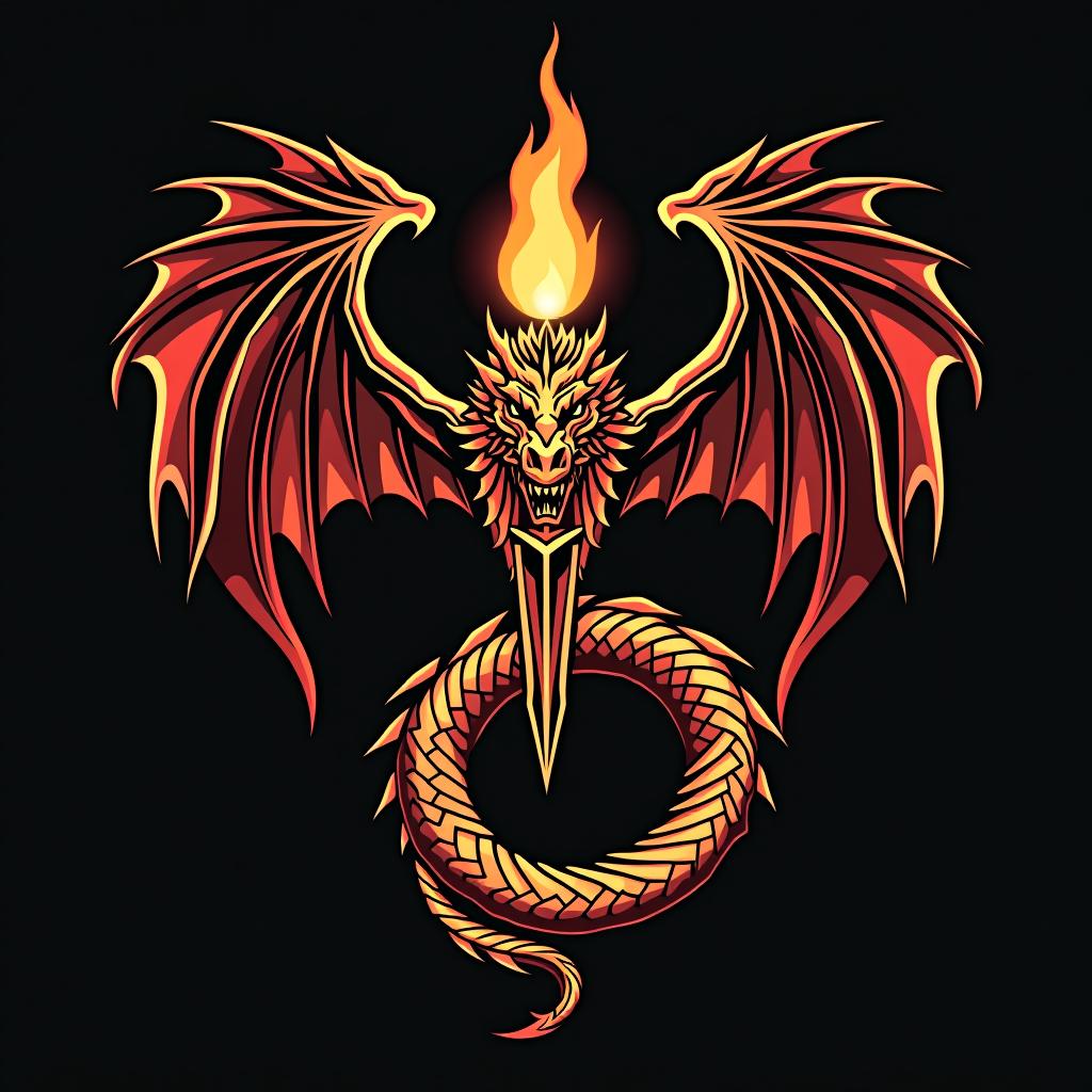  design a logo, design de sticker personnalisé sur un fond noir isolé décoré de dragons mythiques et d'une épée enflammée