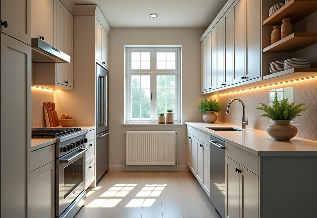  a landscape photo of a small galley kitchen with floor to ceiling cabinets in a light color, featuring pull out pantry shelves and a mirrored backsplash to create the illusion of more space hyperrealistic, full body, detailed clothing, highly detailed, cinematic lighting, stunningly beautiful, intricate, sharp focus, f/1. 8, 85mm, (centered image composition), (professionally color graded), ((bright soft diffused light)), volumetric fog, trending on instagram, trending on tumblr, HDR 4K, 8K