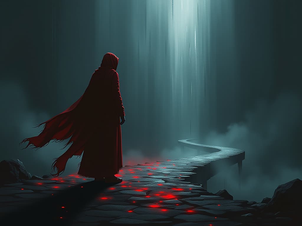  figure in red garb, standing on crossroads, calm expression, light and dark paths ahead, sense of acceptance. the style is digital art illustration / modern comic book / graphic dark novel fantasy and mysterious occult, symbolic, moody lighting, esoteric vibe,high detail on character design. for the color scheme emphasize blacks and reds.