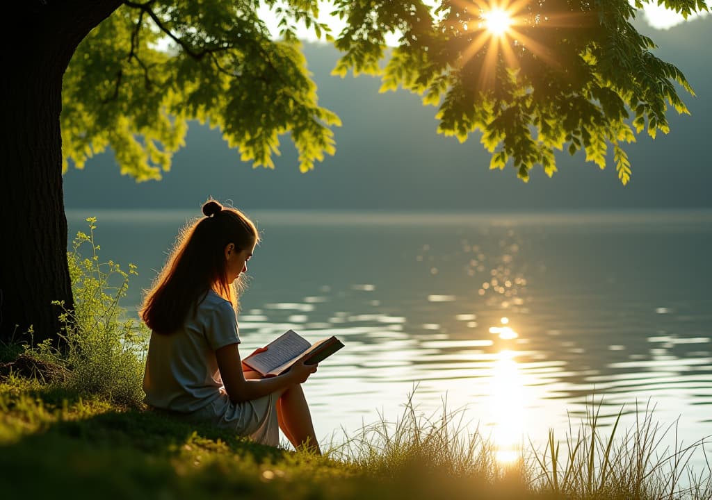  the girl sat by the lake and read quietly. the sun shone on her through the leaves, and the scenery was peaceful and beautiful